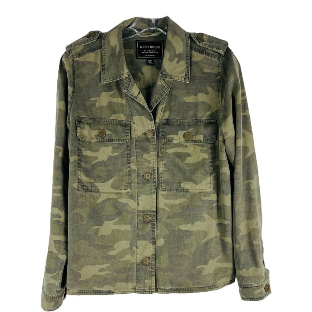 Lucky Brand green camo button front oversized collared shirt small
